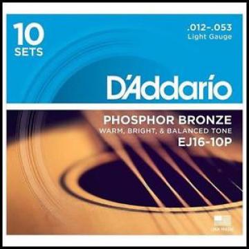10 Pack  D&#039;Addario EJ16 Phosphor Bronze  Light Acoustic Guitar Strings 12 - 53