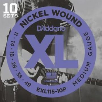 10 Pack D&#039;Addario EXL115 Guitar Strings Nickel Wound Medium 11-49 EXL115-10P