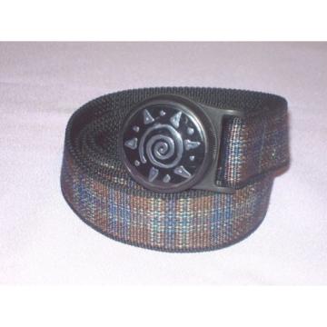ORBIT multi-color plaid nylon web Belt circular buckle Fits Up to 36&#034; waist Med
