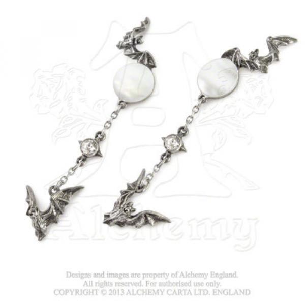 Alchemy Gothic, Eventide Fine pewter Dropper Earrings with mother of pearl moon #3 image