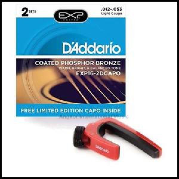 2 x D&#039;Addario EXP16 Coated  Acoustic Guitar String 12 - 53 with Free Red NS Capo #1 image