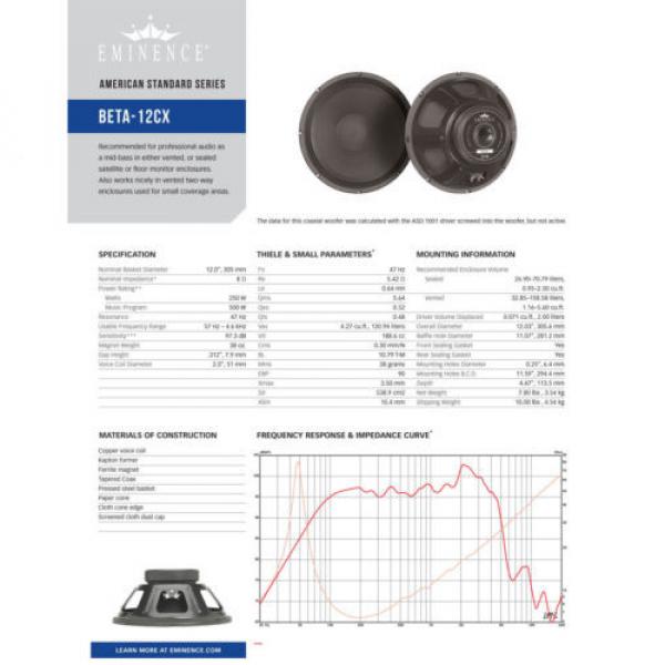 Pair Eminence BETA-12CX 12&#034; Coax Woofer 8 ohm 500W 96.4dB 2&#034; Coil 38oz Magnet #9 image