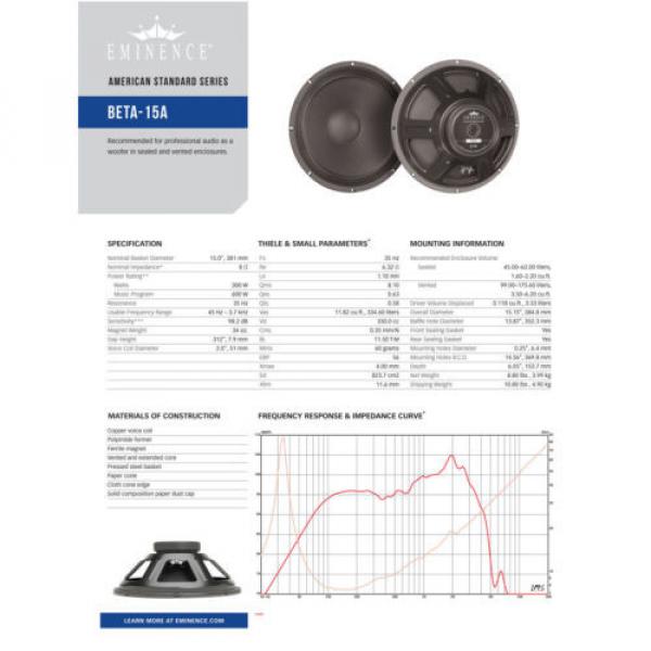 Pair Eminence Beta-15A 15&#034; Driver 8 ohm 98.2dB 1W/1m 2&#034; Replacement Speaker #9 image