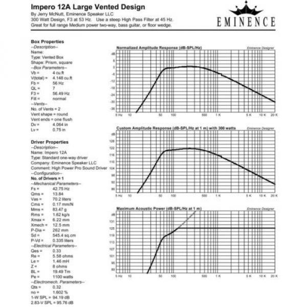 Eminence IMPERO 12A 12&#034; Cast Pro Woofer 8ohm 2200W 93dB 4&#034;VC Replacemnt Speaker #9 image